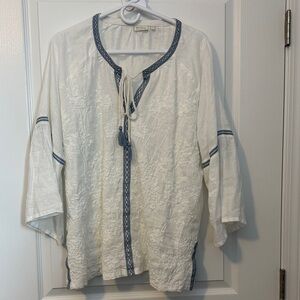 Spartina 449 Boho Cream Blouse with Blue Accents and Embroidered Front